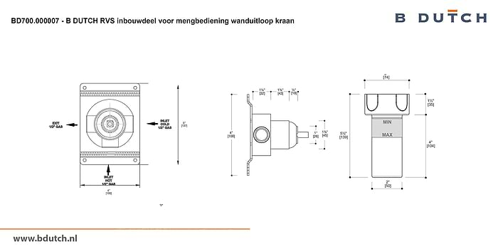 Inbouwdeel voor mengbedieningsknop voor wanduitloop kraan, inbouw wandkraan van B DUTCH. Bekijk de zeer hoogwaardig geslepen RVS design kranen voor badkamers.