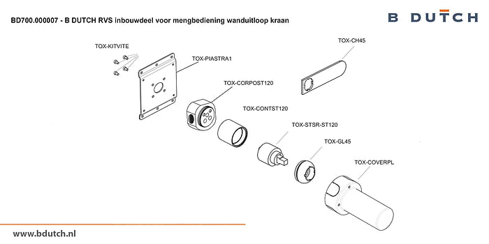 Inbouwdeel voor mengbedieningsknop voor wanduitloop kraan, inbouw wandkraan van B DUTCH. Bekijk de zeer hoogwaardig geslepen RVS design kranen voor badkamers.