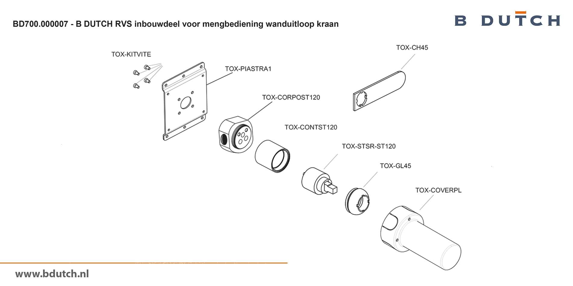 Inbouwdeel voor mengbedieningsknop voor wanduitloop kraan, inbouw wandkraan van B DUTCH. Bekijk de zeer hoogwaardig geslepen RVS design kranen voor badkamers.