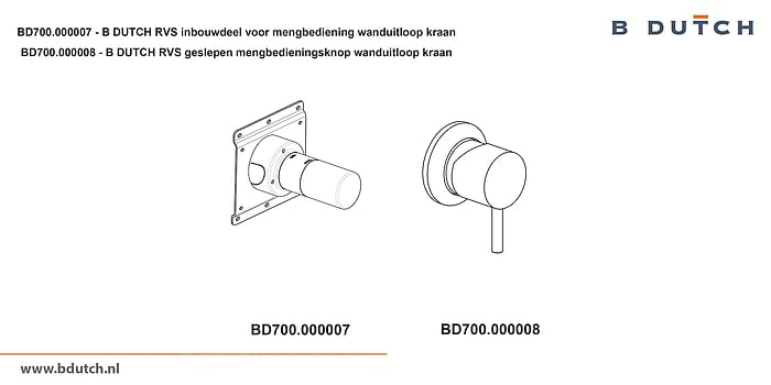 Inbouwdeel voor mengbedieningsknop voor wanduitloop kraan, inbouw wandkraan van B DUTCH. Bekijk de zeer hoogwaardig geslepen RVS design kranen voor badkamers.