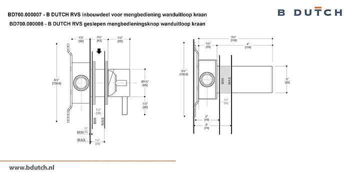 Inbouwdeel voor mengbedieningsknop voor wanduitloop kraan, inbouw wandkraan van B DUTCH. Bekijk de zeer hoogwaardig geslepen RVS design kranen voor badkamers.