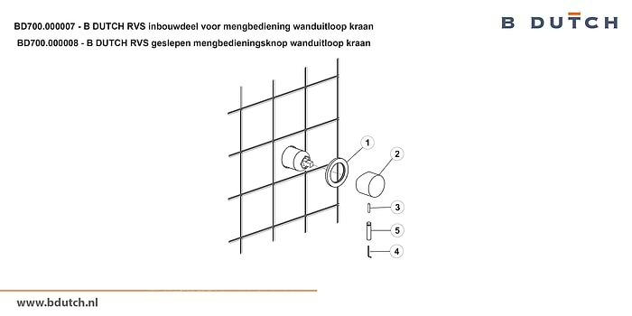 Inbouwdeel voor mengbedieningsknop voor wanduitloop kraan, inbouw wandkraan van B DUTCH. Bekijk de zeer hoogwaardig geslepen RVS design kranen voor badkamers.