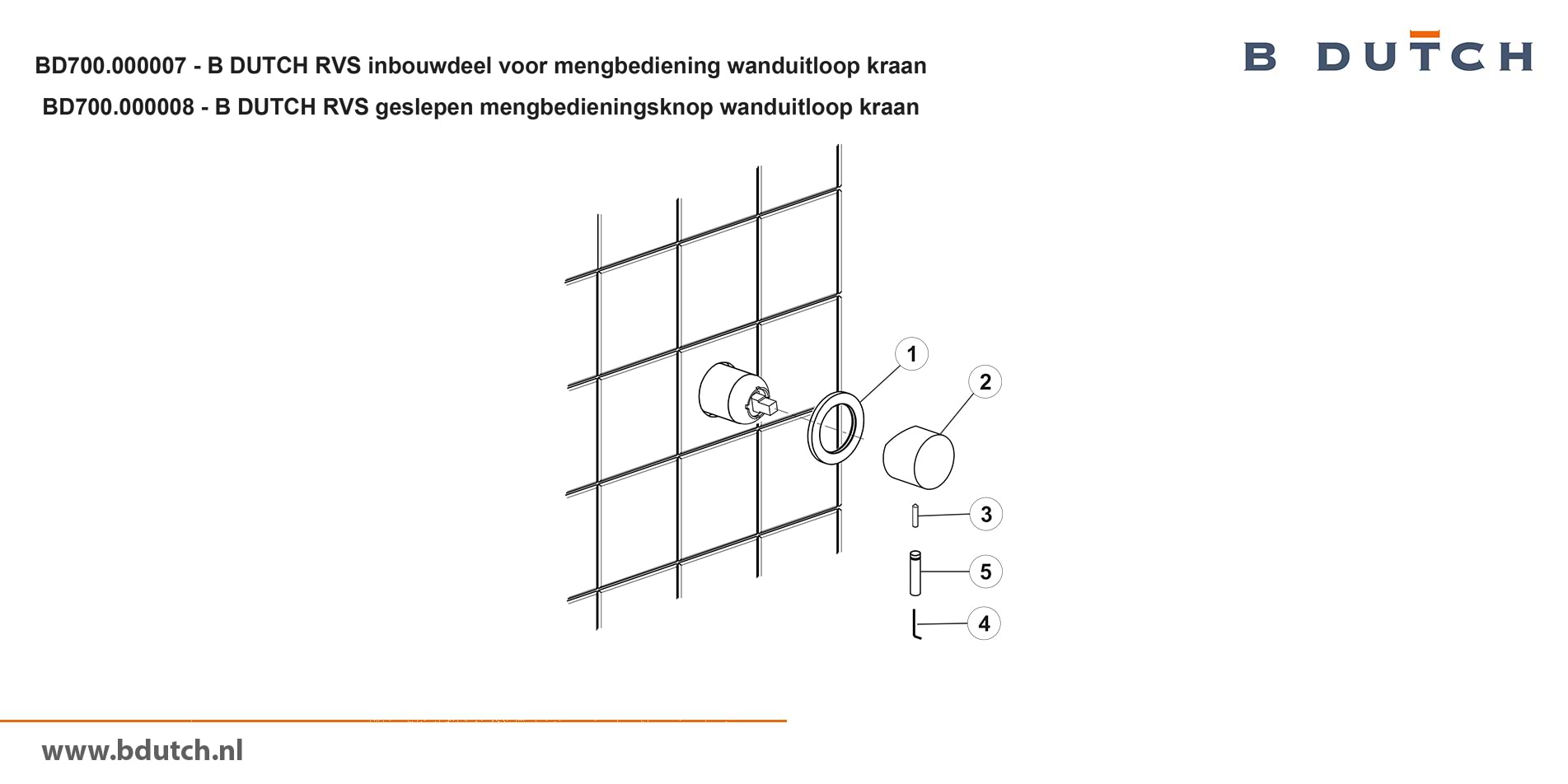 Inbouwdeel voor mengbedieningsknop voor wanduitloop kraan, inbouw wandkraan van B DUTCH. Bekijk de zeer hoogwaardig geslepen RVS design kranen voor badkamers.