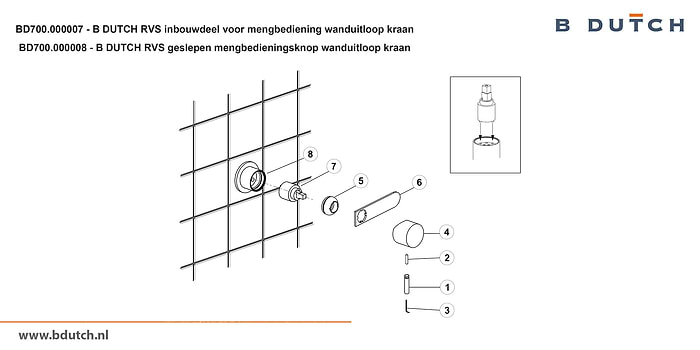 Inbouwdeel voor mengbedieningsknop voor wanduitloop kraan, inbouw wandkraan van B DUTCH. Bekijk de zeer hoogwaardig geslepen RVS design kranen voor badkamers.