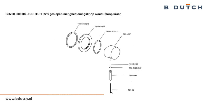 Mengbedieningsknop voor wanduitloop kraan, inbouw wandkraan van B DUTCH. Bekijk de zeer hoogwaardig geslepen RVS design kranen voor badkamers.