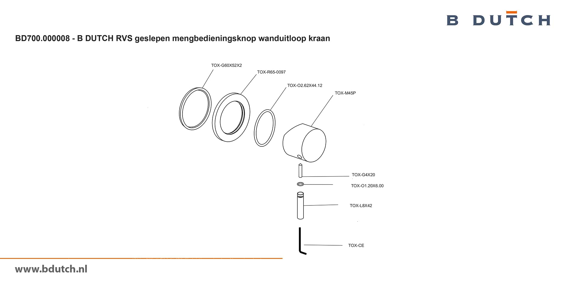 Mengbedieningsknop voor wanduitloop kraan, inbouw wandkraan van B DUTCH. Bekijk de zeer hoogwaardig geslepen RVS design kranen voor badkamers.