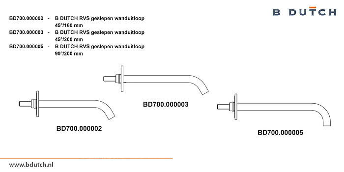 Wandkraan, inbouw wandkraan van zeer hoogwaardig geslepen RVS. Wanduitloop, diverse afmetingen. Bekijk de exclusieve RVS design badkamer kranen van B DUTCH.