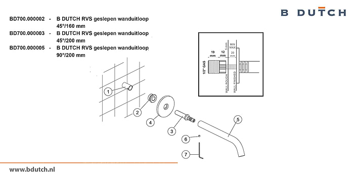 Wandkraan, inbouw wandkraan van zeer hoogwaardig geslepen RVS. Wanduitloop, diverse afmetingen. Bekijk de exclusieve RVS design badkamer kranen van B DUTCH.