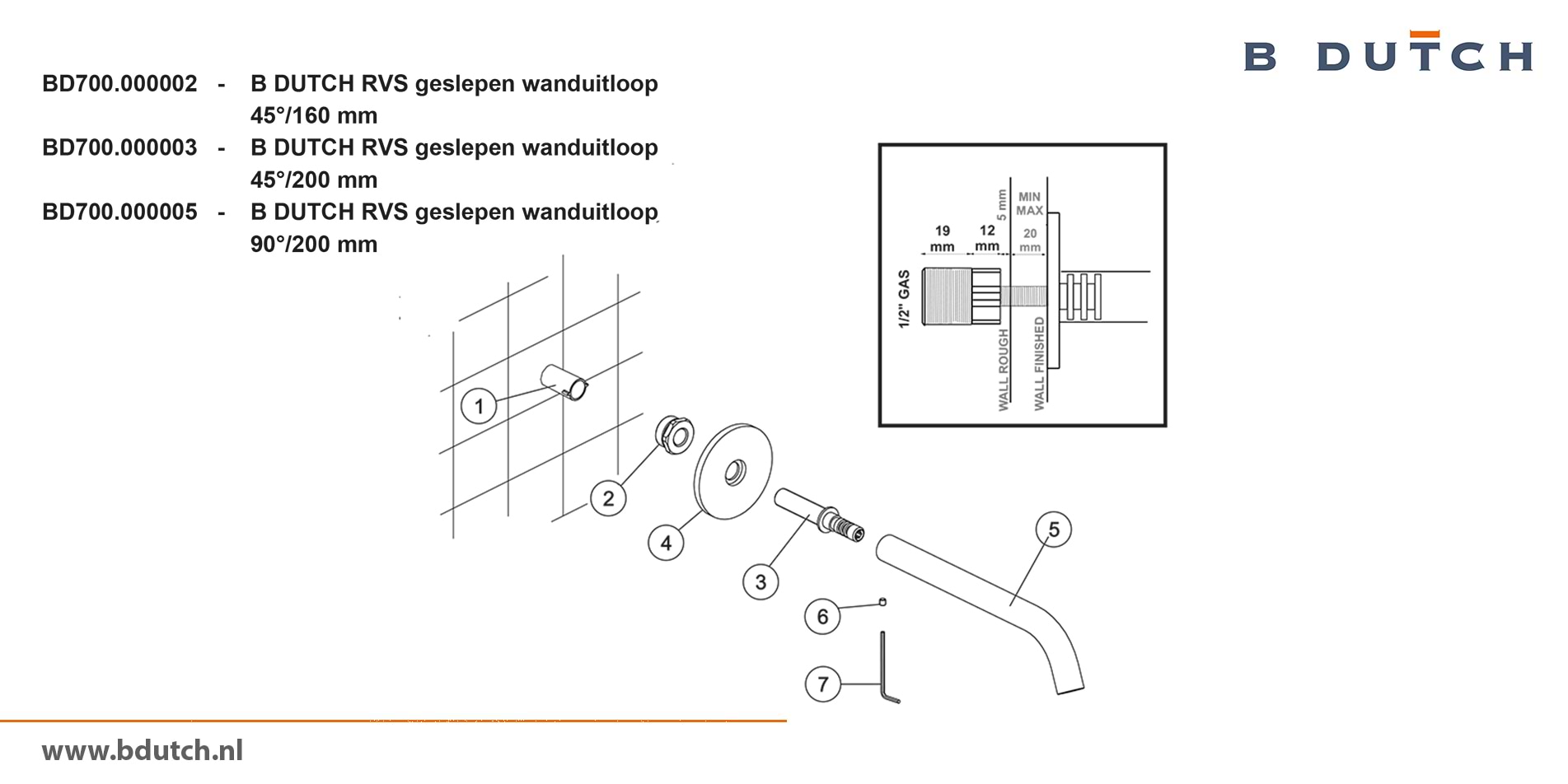 Wandkraan, inbouw wandkraan van zeer hoogwaardig geslepen RVS. Wanduitloop, diverse afmetingen. Bekijk de exclusieve RVS design badkamer kranen van B DUTCH.
