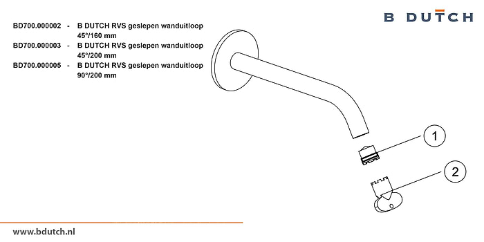 Wandkraan, inbouw wandkraan van zeer hoogwaardig geslepen RVS. Wanduitloop, diverse afmetingen. Bekijk de exclusieve RVS design badkamer kranen van B DUTCH.