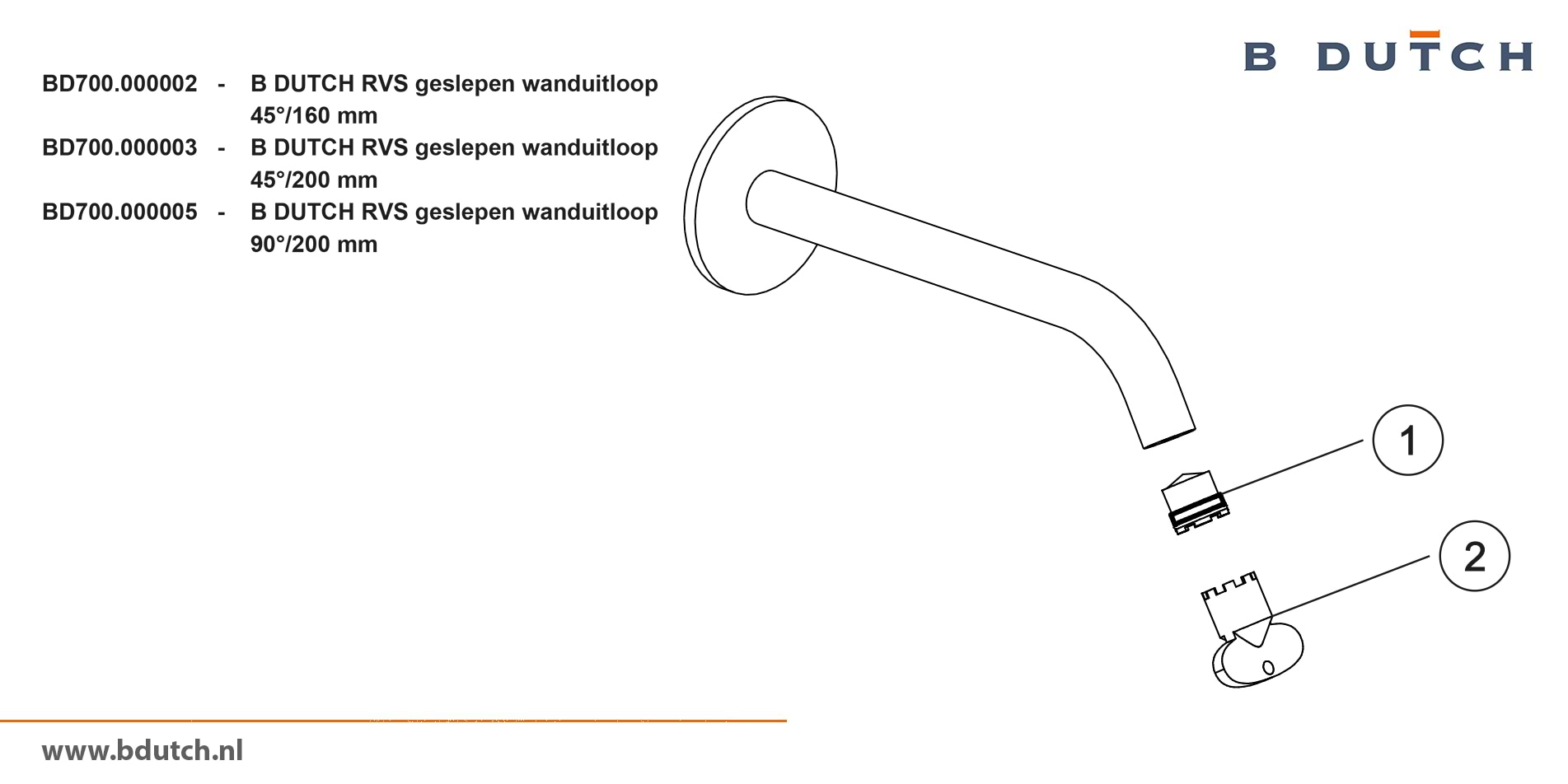 Wandkraan, inbouw wandkraan van zeer hoogwaardig geslepen RVS. Wanduitloop, diverse afmetingen. Bekijk de exclusieve RVS design badkamer kranen van B DUTCH.