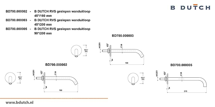 Wandkraan, inbouw wandkraan van zeer hoogwaardig geslepen RVS. Wanduitloop, diverse afmetingen. Bekijk de exclusieve RVS design badkamer kranen van B DUTCH.