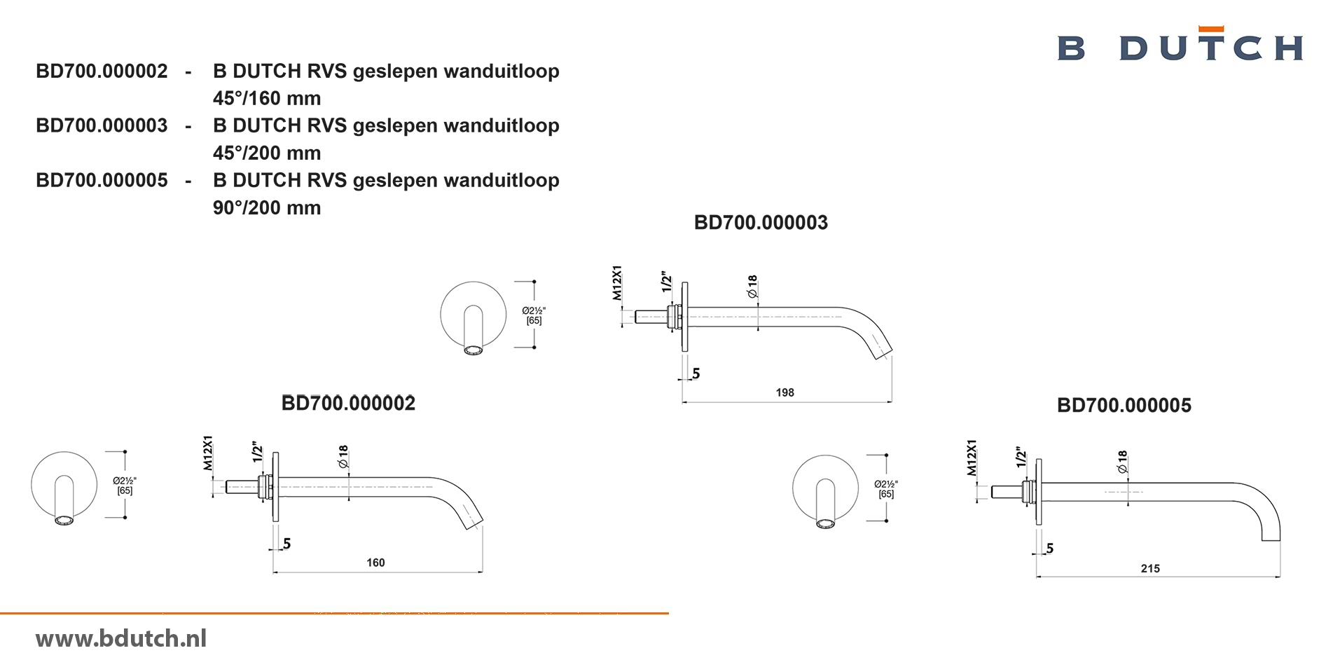 Wandkraan, inbouw wandkraan van zeer hoogwaardig geslepen RVS. Wanduitloop, diverse afmetingen. Bekijk de exclusieve RVS design badkamer kranen van B DUTCH.