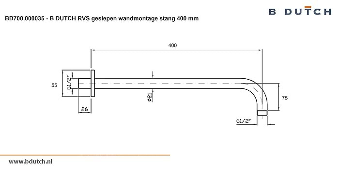 Wandmontagestang, stang voor wand montage van een douchekop, regendouche van B DUTCH. Zeer hoogwaardig geslepen RVS. Bekijk de badkranen van B DUTCH, zeer exclusieve design badkranen van zeer hoogwaardig geslepen RVS.