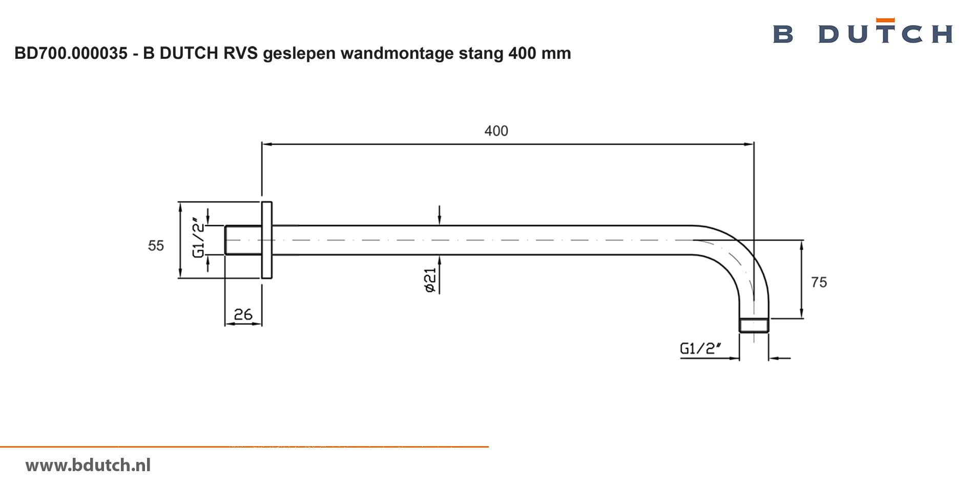 Wandmontagestang, stang voor wand montage van een douchekop, regendouche van B DUTCH. Zeer hoogwaardig geslepen RVS. Bekijk de badkranen van B DUTCH, zeer exclusieve design badkranen van zeer hoogwaardig geslepen RVS.