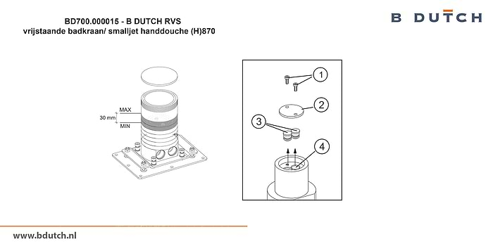 Vrijstaande kraan voor waszuil. Zeer hoogwaardig geslepen RVS zuilkraan van B DUTCH. Bekijk de B DUTCH design RVS kranen collectie voor badkamers.