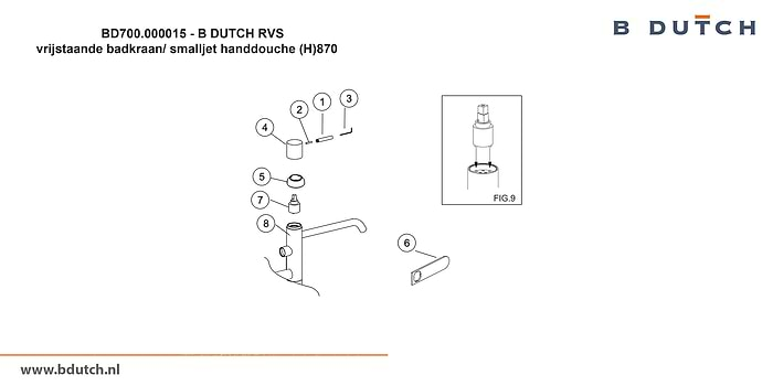 Vrijstaande kraan voor waszuil. Zeer hoogwaardig geslepen RVS zuilkraan van B DUTCH. Bekijk de B DUTCH design RVS kranen collectie voor badkamers.