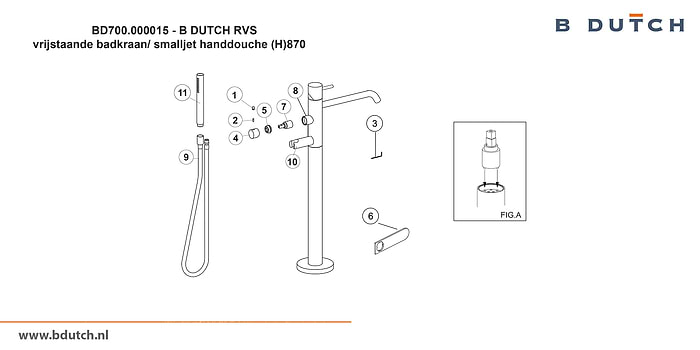 Vrijstaande kraan voor waszuil. Zeer hoogwaardig geslepen RVS zuilkraan van B DUTCH. Bekijk de B DUTCH design RVS kranen collectie voor badkamers.