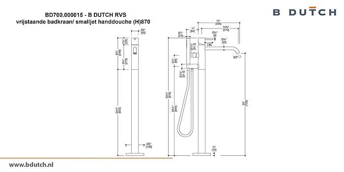 Vrijstaande badkraan met smalljett handdouche. Zeer hoogwaardig geslepen RVS badkraan, een vrijstaande kraan voor naast een vrijstaand ligbad. Bekijk de B DUTCH RVS design kranen voor badkamers.