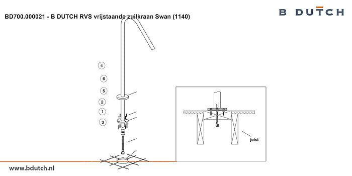 Vrijstaande kraan voor waszuil. Zeer hoogwaardig geslepen RVS zuilkraan van B DUTCH. Bekijk de B DUTCH design RVS kranen collectie voor badkamers.