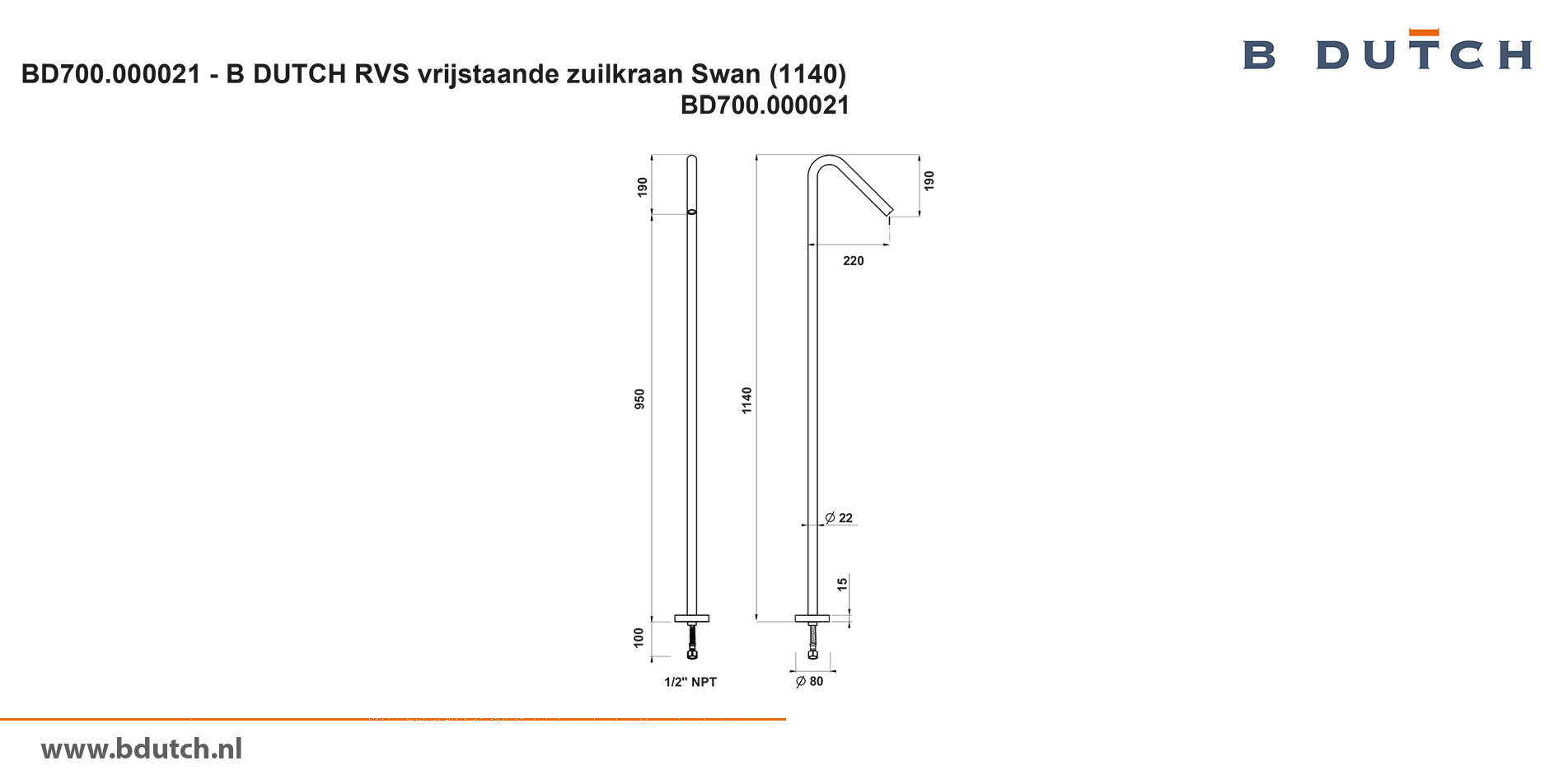 Vrijstaande kraan voor waszuil. Zeer hoogwaardig geslepen RVS zuilkraan van B DUTCH. Bekijk de B DUTCH design RVS kranen collectie voor badkamers.