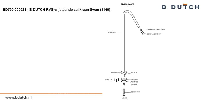 Vrijstaande kraan voor waszuil. Zeer hoogwaardig geslepen RVS zuilkraan van B DUTCH. Bekijk de B DUTCH design RVS kranen collectie voor badkamers.