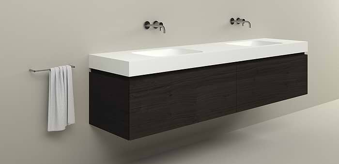B DUTCH Ferrara Badkamermeubel 2300, 230 cm, Quartiers Oak Painted Cafe Brown met Solid Surface Corian wastafel Barbados Double