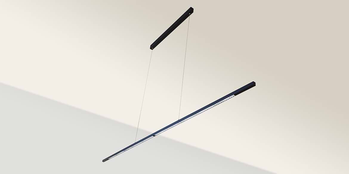 Design hanglamp 240 cm, 180 cm of 120 cm. Mat zwarte smalle moderne hanglamp voor eettafel, kookeiland. Deze LED design hanglamp is dimbaar. Opbouw model met plafondbox. Design B DUTCH. Binnen de collectie design hanglampen van B DUTCH kiest u uit de witte of zwarte design hanglampen, 2,2 cm of 10 cm hoog, inbouw of opbouw, mat zwart of wit. De Updown versie is 10 cm hoog en straalt ook licht op het plafond.
