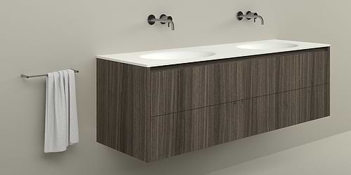 Badkamermeubel met dubbele wasbak, dubbele wastafel, B DUTCH Palermo 170 cm breed, walnoten hout, notenhout, fineer. Met B DUTCH Solid Surface Corian wastafel.