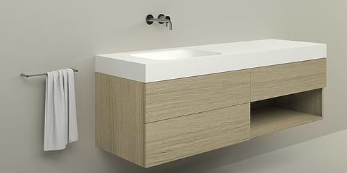 Badkamermeubel B DUTCH Milano 170 cm breed, eiken hout fineer. Wastafelmeubel met B DUTCH Solid Surface Corian wastafel.