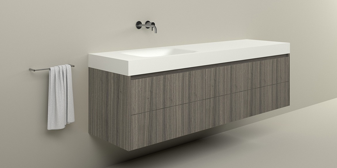Badkamermeubel B DUTCH Palermo 200 cm breed, walnoten, notenhout, fineer. Met B DUTCH Solid Surface Corian wastafel.