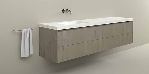 Badkamermeubel B DUTCH Palermo 220 cm breed, eiken hout fineer. Met B DUTCH Saint Lucia Single Solid Surface Corian wastafel van 50 mm dik, met enkele wasbak Links.