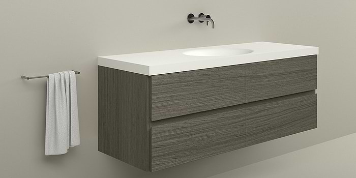 Badkamermeubel B DUTCH Bari 150 cm breed, eiken hout fineer. Wastafelmeubel met B DUTCH Solid Surface Corian wastafel.