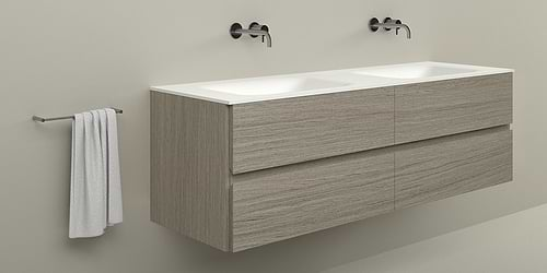 Badkamermeubel B DUTCH Bari 170 cm breed, eiken hout fineer. Wastafelmeubel met B DUTCH Solid Surface Corian wastafel.