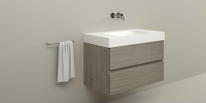 Badkamermeubel B DUTCH Bari 90 cm breed, eiken hout fineer. Wastafelmeubel met B DUTCH Solid Surface Corian wastafel.