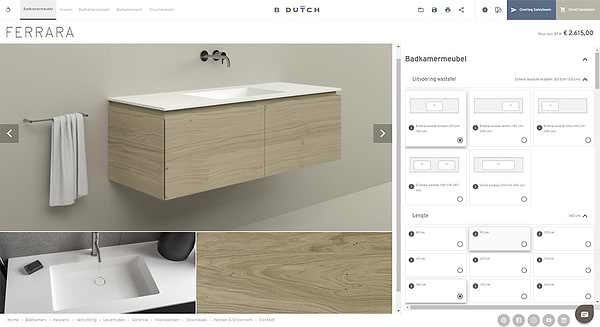 Configurator badkamermeubel Ferrara. Stel uw eigen B DUTCH Ferrara wastafelmeubel samen. Combineer Solid Surface Corian wastafels met een houten ondermeubel van houtfineer of MDF gespoten.