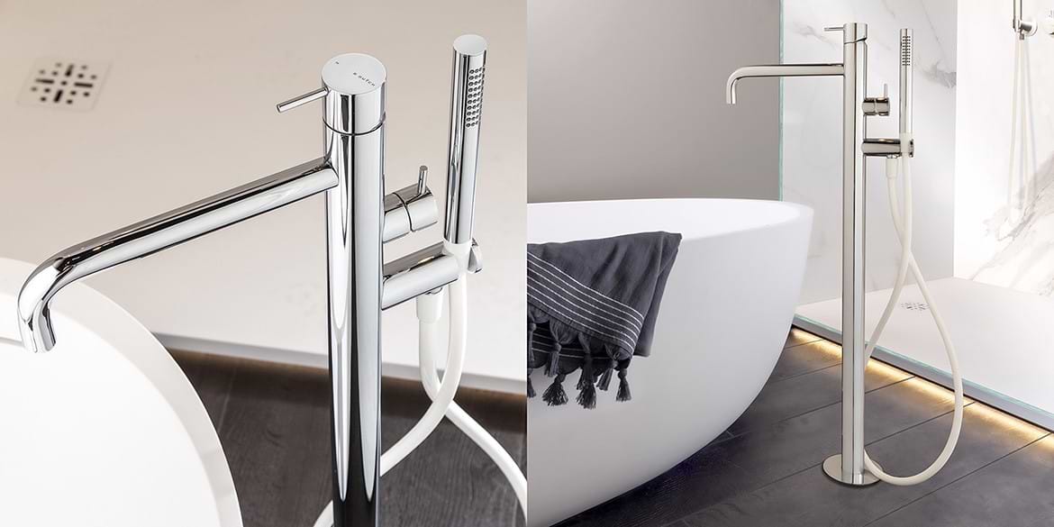 Chrome badkranen, vrijstaande chrome badkraan, een badmengkraan met een chrome baduitloop kraan en chrome handdouche. Topkwaliteit chrome kraan uit de design chrome kranen collectie van B DUTCH.