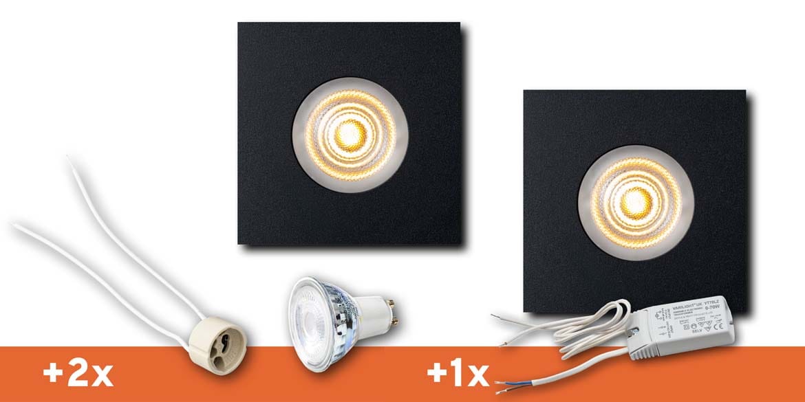 <b>SET 2 SPOTS</b> B DUTCH LED inbouwspot badkamer / veranda, Square Essential IP65 Matt Black (85x85x30mm)incl. LED MR16 (GU5.3) lichtbronnen, fittingen en driver.