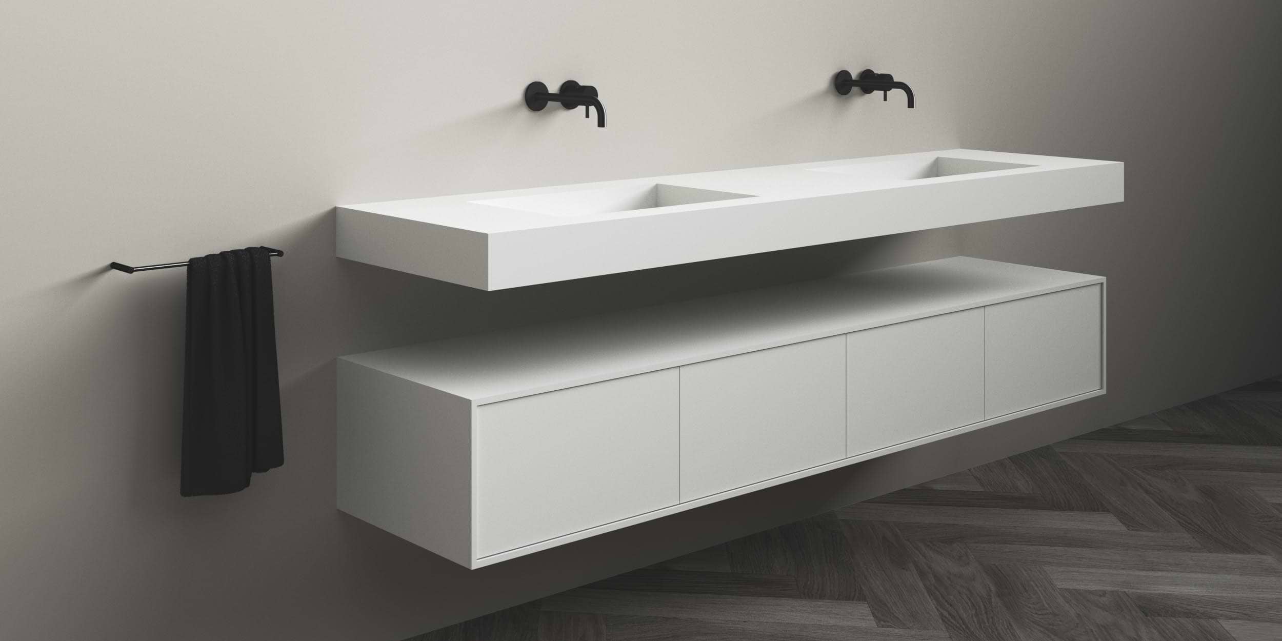Badkamermeubelen 210 cm breed B DUTCH Siena. De Siena is vervaaridgd van Solid Surface Corian. Een zeer duurzaam hoogwaardig mat wit materiaal dat zeker niet vergeelt. B DUTCH produceert badkamermeubelen op 210 cm breedte in diverse modellen, materialen en kleuren. B DUTCH produceert in haar fabriek in Cuijk een unieke design collectie badmeubelen. Diverse modellen en geheel naar wens van de klant samen te stellen. De badkamermeubel configurator kan daarvoor worden ingezet. Wastafelmeubelen, badmeubelen, 210 cm, wit, zwart, eiken hout, walnoten hout, met 1 of dubbele wasbak, de mogelijkheden voor een eigen high end badkamermeubel 210 cm breed zijn eindeloos.