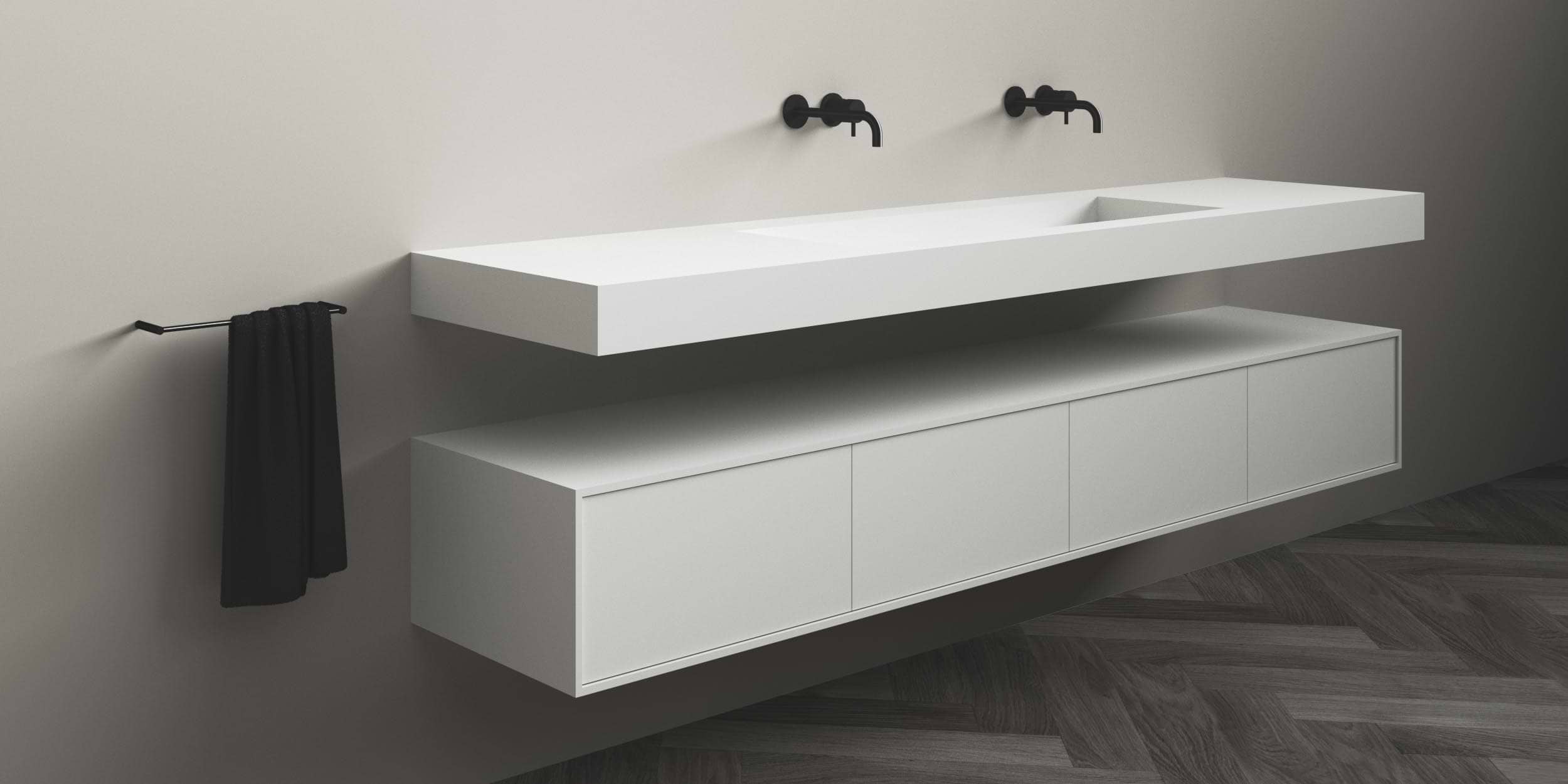 Badkamermeubelen 230 cm breed B DUTCH Siena. De Siena is vervaaridgd van Solid Surface Corian. Een zeer duurzaam hoogwaardig mat wit materiaal dat zeker niet vergeelt. B DUTCH produceert badkamermeubelen op 230 cm breedte in diverse modellen, materialen en kleuren. B DUTCH produceert in haar fabriek in Cuijk een unieke design collectie badmeubelen. Diverse modellen en geheel naar wens van de klant samen te stellen. De badkamermeubel configurator kan daarvoor worden ingezet. Wastafelmeubelen, badmeubelen, 230 cm, wit, zwart, eiken hout, walnoten hout, met 1 of dubbele wasbak, de mogelijkheden voor een eigen high end badkamermeubel 230 cm breed zijn eindeloos.