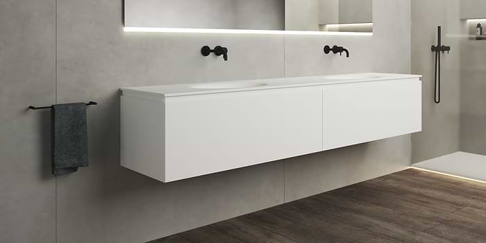 Wasmeubel Sorrento van B Dutch. Gemaakt van topkwaliteit Solid Surface Corian. Badkamermeubel met dubbele wasbakken.