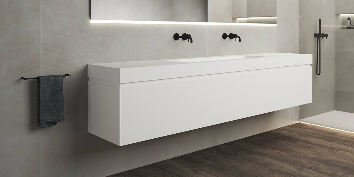 Sorrento badkamermeubel B DUTCH. Op maat zelf samen te stellen in de B DUTCH badkamer configurator. Badkamermeubel, wastafelmeubel, wasmeubel, badmeubel, wastafelonderkast, ondermeubel wastafel.