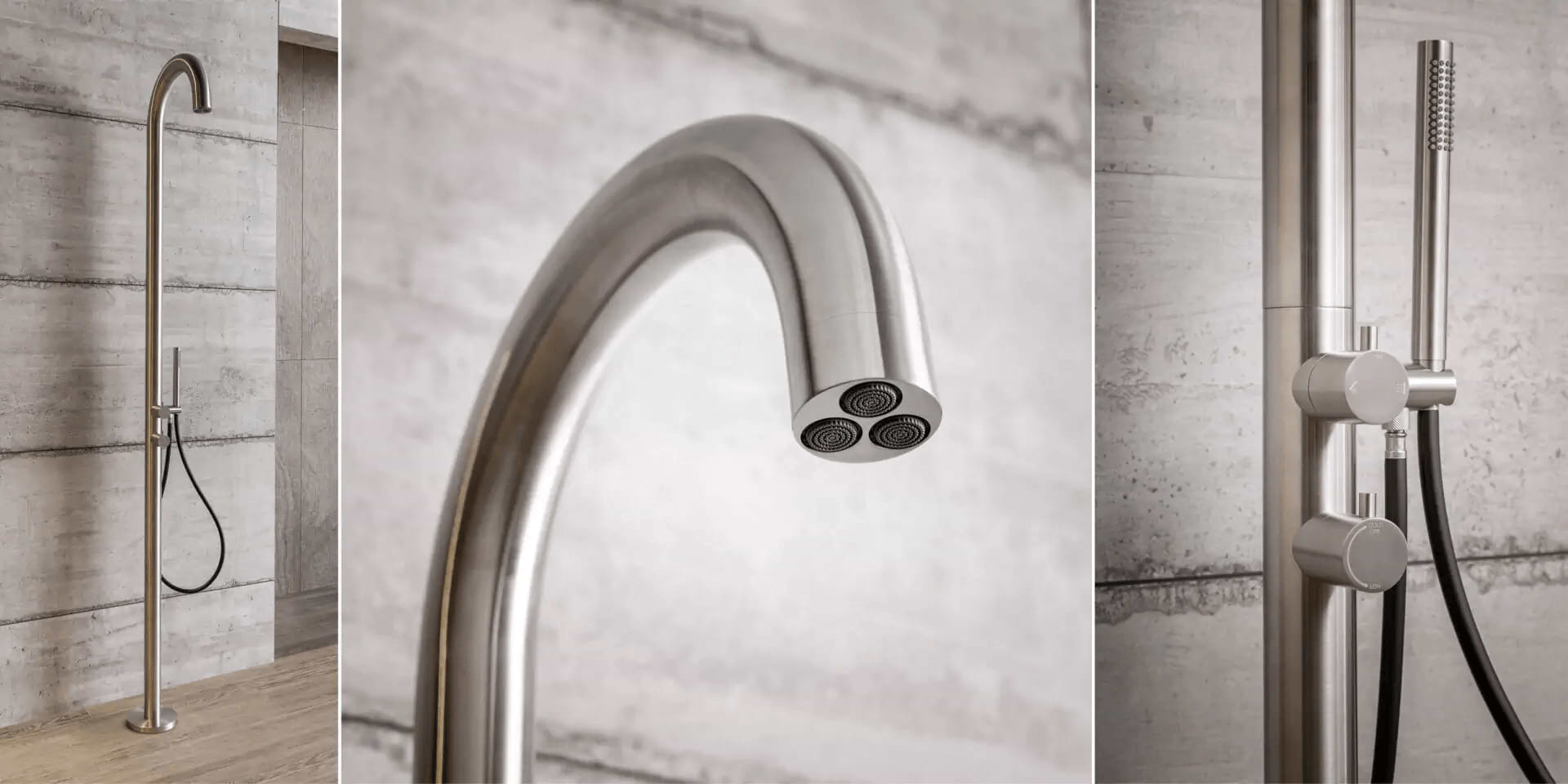 RVS buitendouche van B Dutch met handdouche, gemonteerd op de vloer - minimalistisch design voor luxe buitenruimtes.
