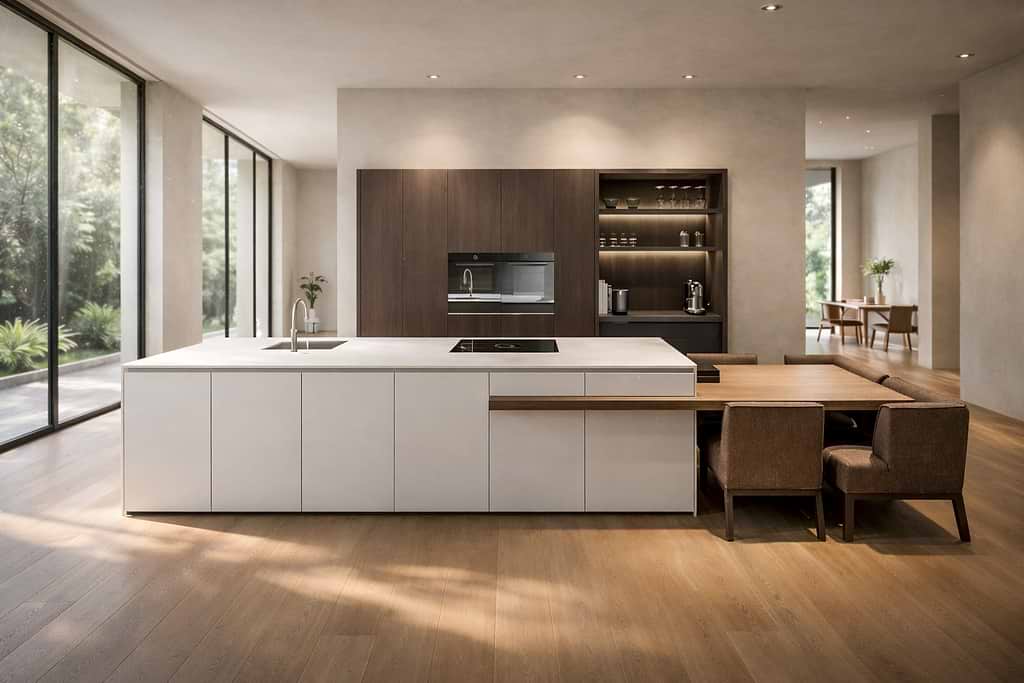 Moderne keuken met kookeiland en geïntegreerde eettafel Moderne designkeuken met groot wit kookeiland, geïntegreerde eettafel en warme houtaccenten.