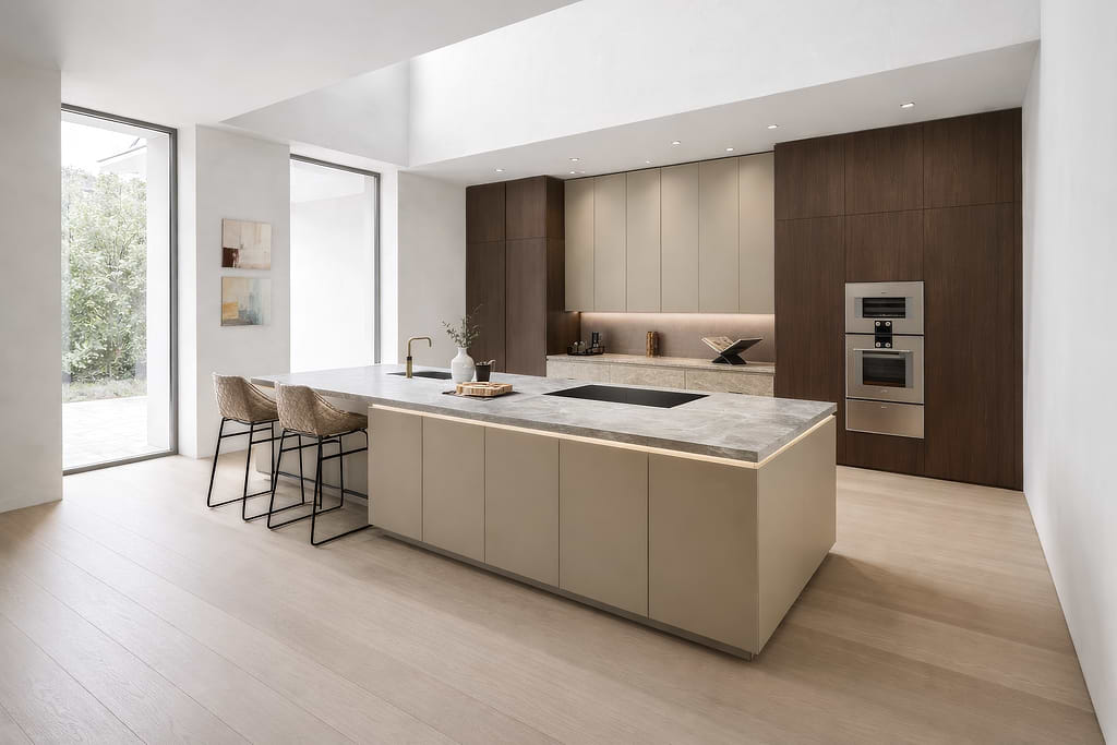 Designkeuken met marmeren kookeiland Moderne keuken met kookeiland, marmeren werkblad, barstoelen en houten kastenwand.