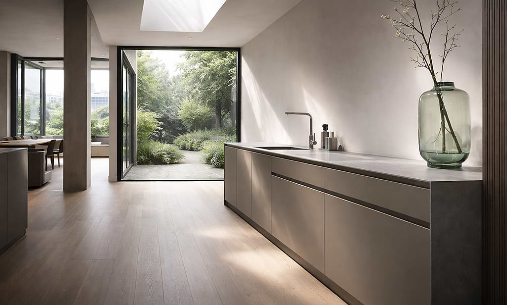 Minimalistische keuken met lange werkbladopstelling Minimalistische keuken met lang kookeiland, grote glazen pui en uitzicht op de tuin.