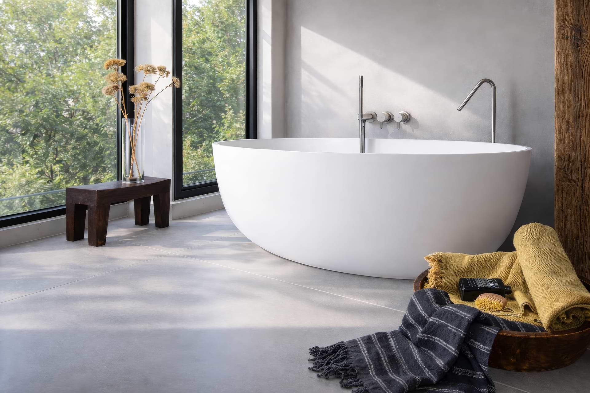 Minimalistische badkamer met vrijstaand bad Vrijstaand bad in minimalistische badkamer met groot raam en uitzicht op groen.