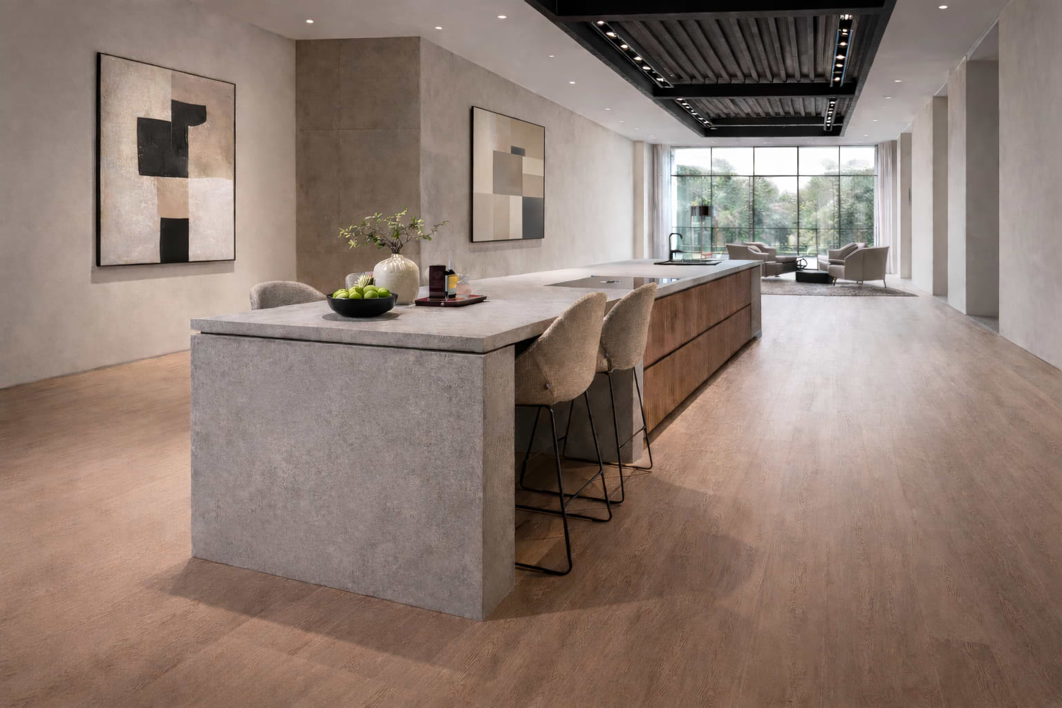 Design keukeneiland met keramiek en houtfineer Design keukeneiland met keramiek werkblad en houtfineer fronten in moderne open leefruimte – B Dutch fabrieksshowroom