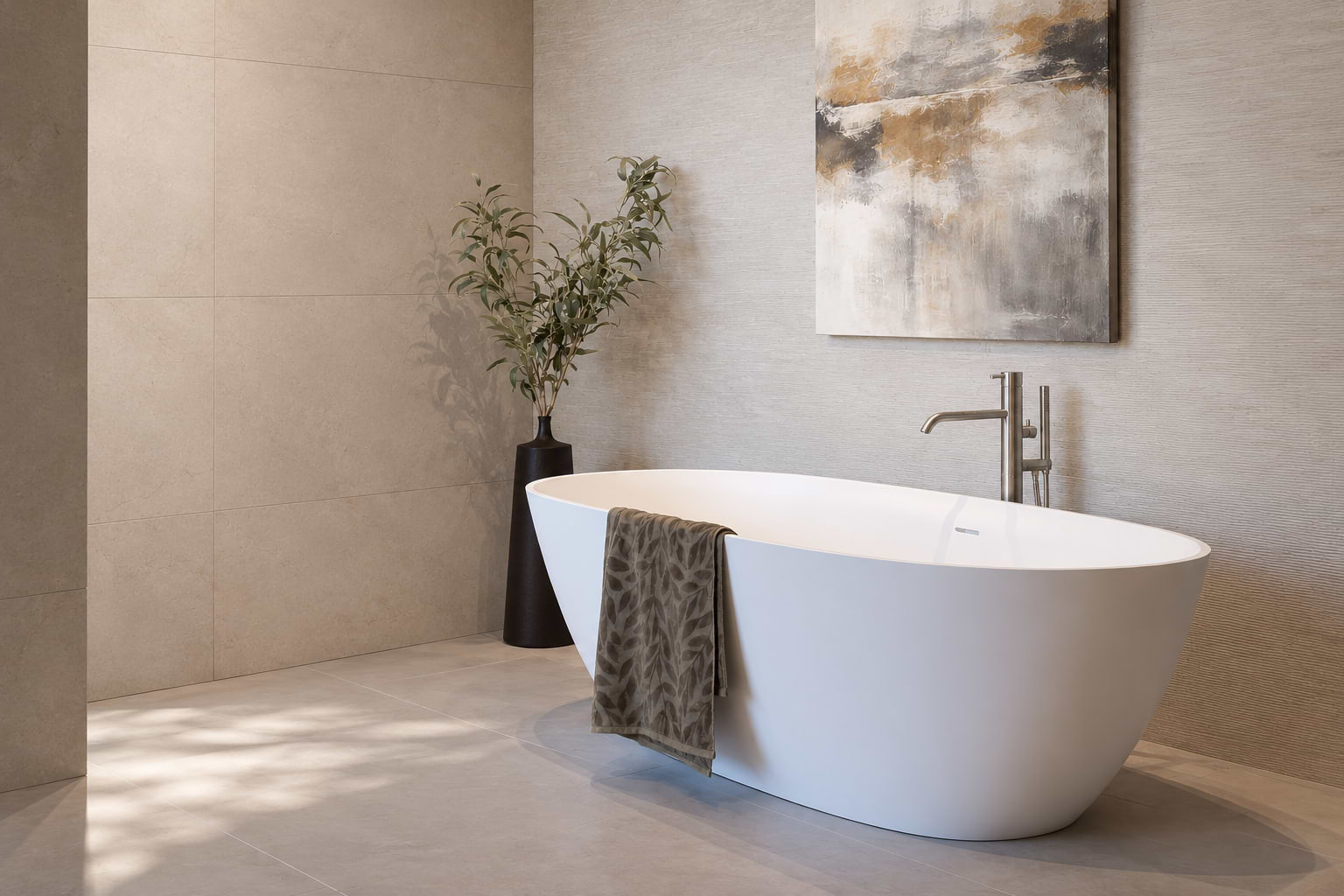 B Dutch badkamer – Warm Minimal Warm minimalistische B Dutch badkamer met vrijstaand ligbad