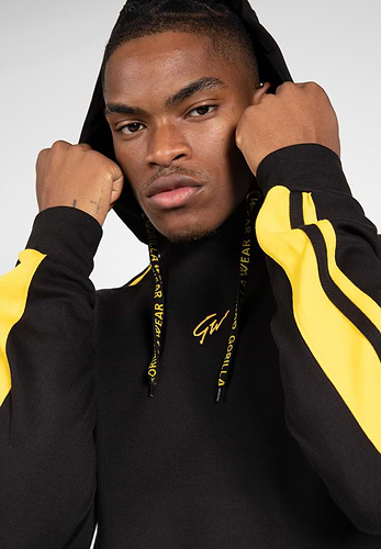 Black hoodie shop with yellow stripe